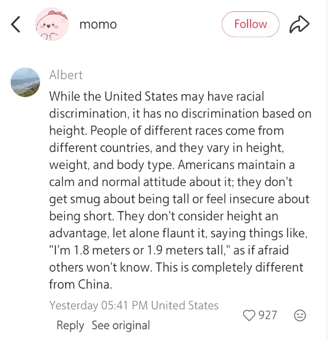 Chinese Red Note users think the grass is greener in America regarding heightism