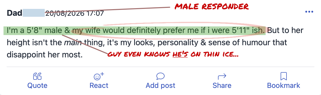 Man Posts On Women's Board For Reassurance. Leaves With Brutal Height Pills Instead.