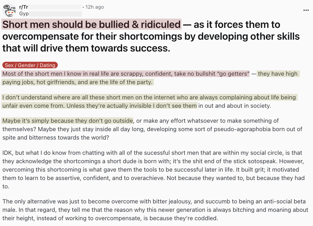 Redditor thinks short men should be bullied and ridiculed
