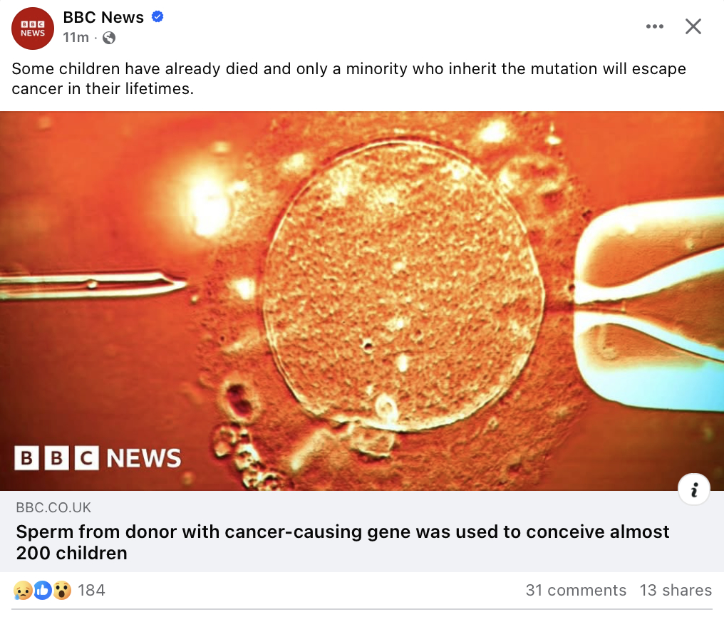 Sperm donor selected by 200 women spreads cancer causing gene.