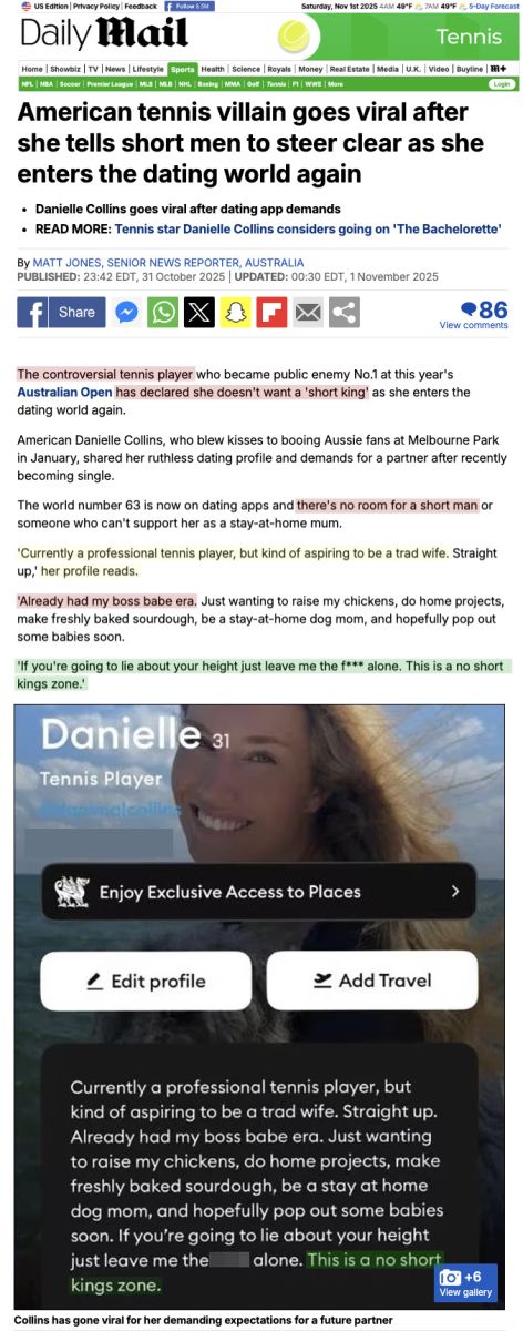 Tennis star Danielle Collins declares dating profile no short king zone.