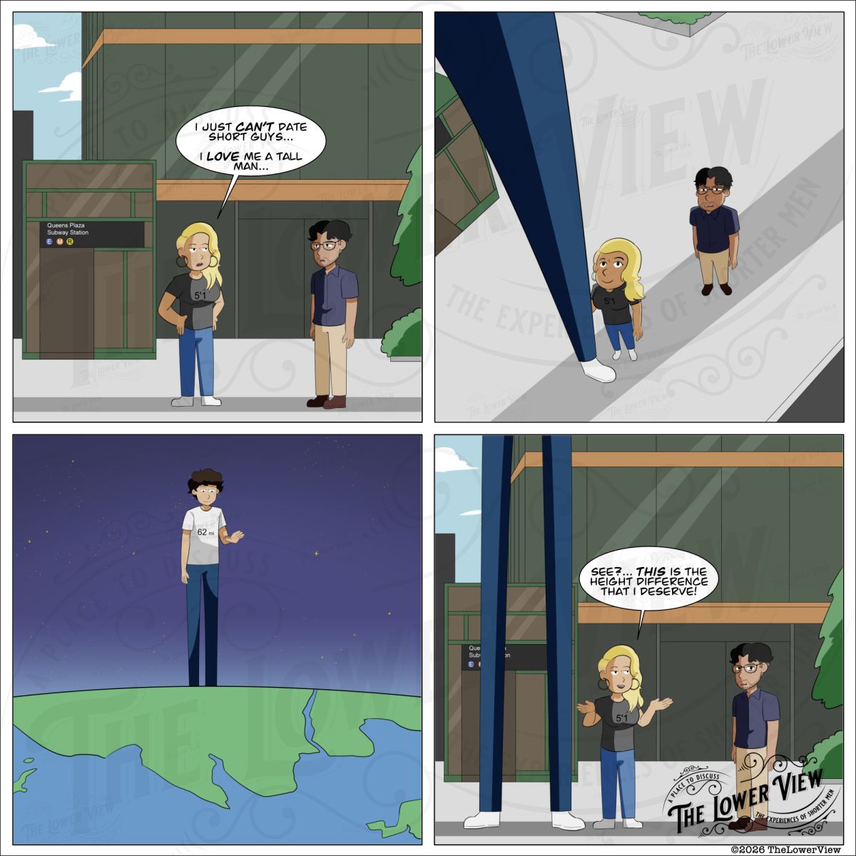 Height Difference She Deserves four-panel comic showing a 5'1 woman rejecting a short man for an impossibly tall man reaching outer space.