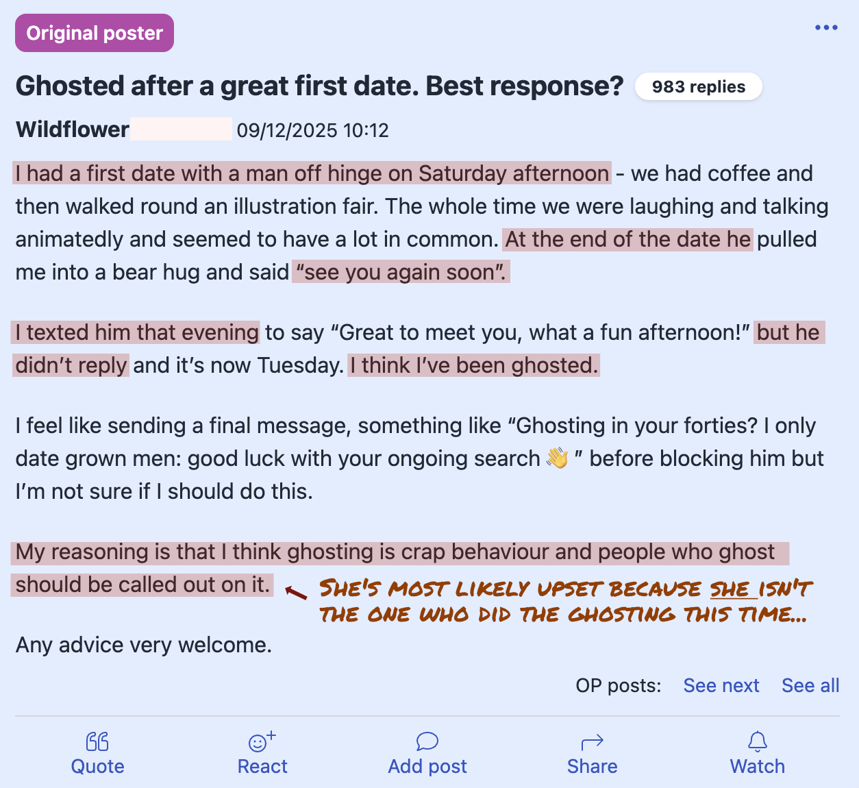 Woman furious that she was ghosted by a short middle aged man