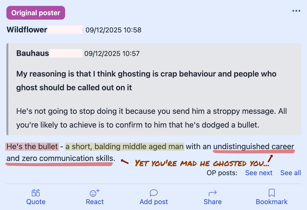 Woman furious that she was ghosted by a short middle aged man