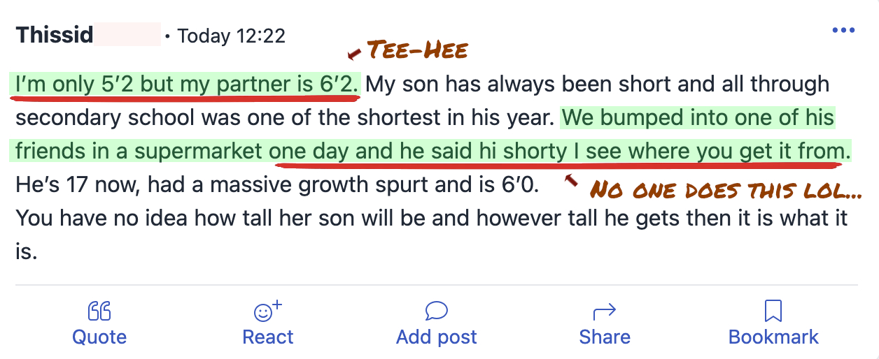 Women attack female poster who suggests that short women can have short offspring